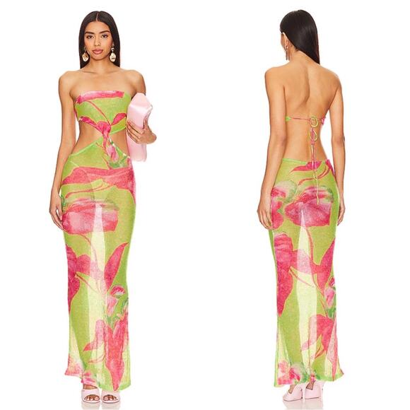 Retrofete Fontelina Mohair Knit Floral Cutout Lime Anthurium Maxi Dress Size XS - Picture 1 of 10